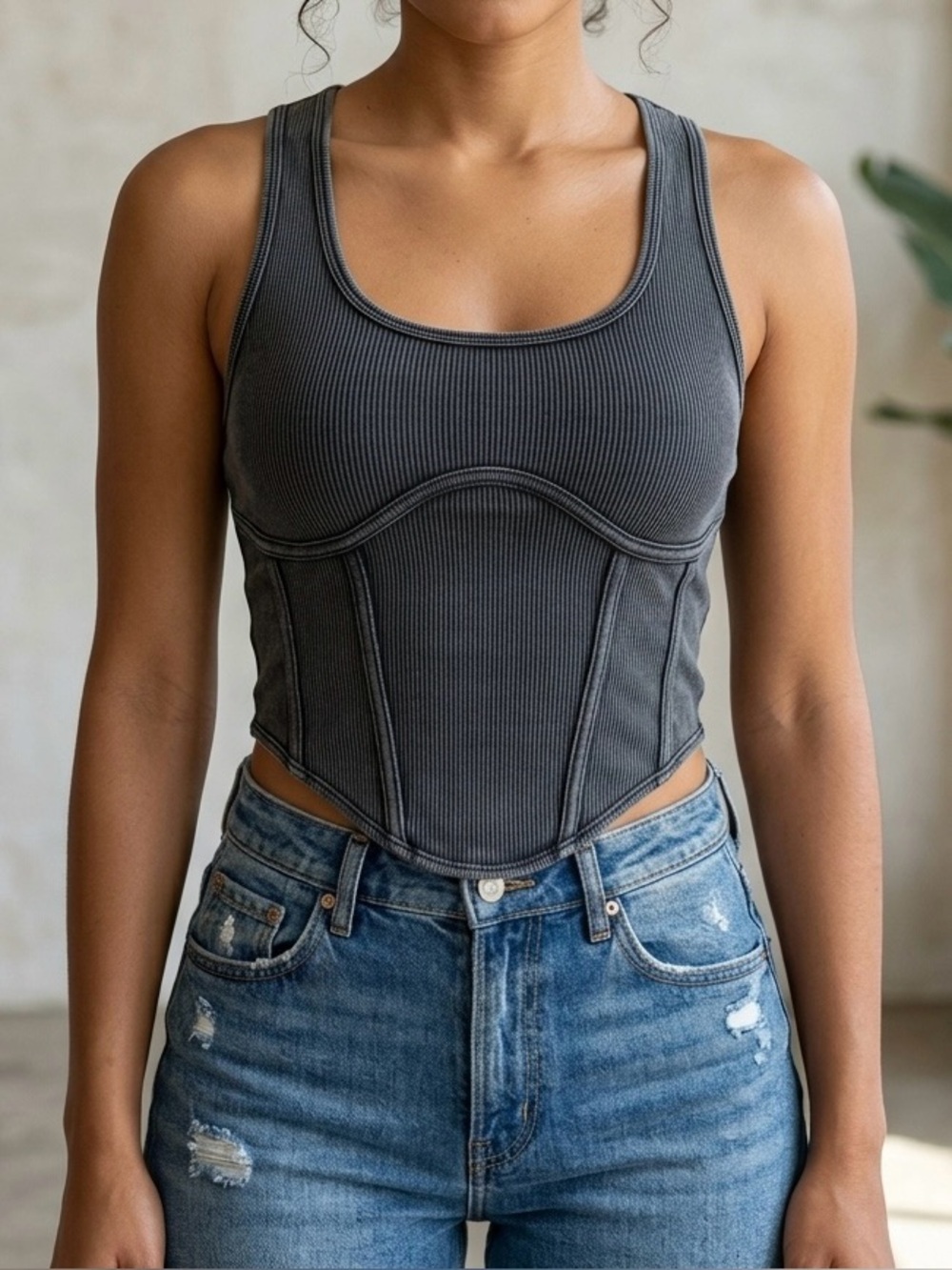 FCT With Love Basics Faded Black Ribbed Corset Tank Medium